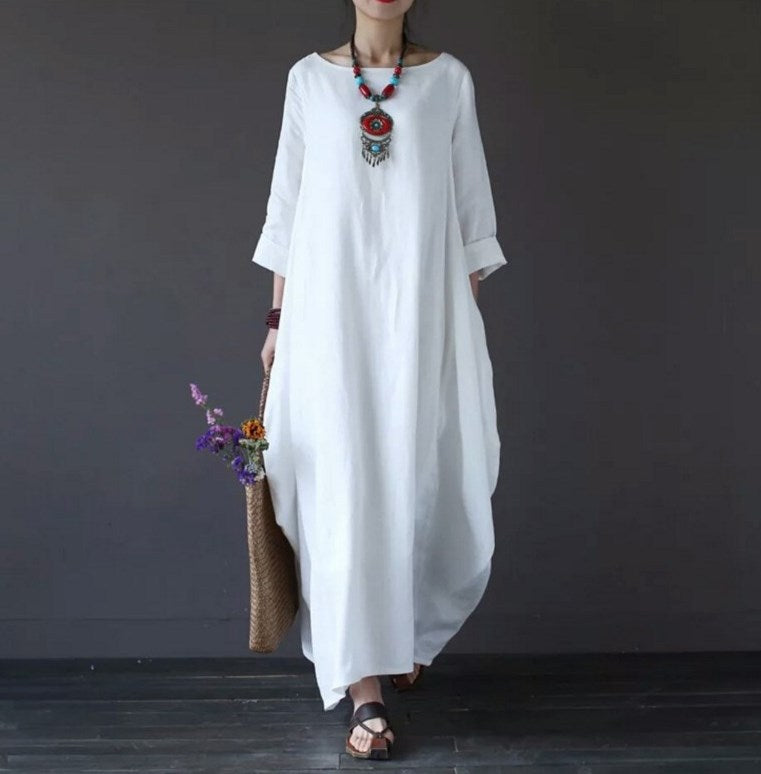 【25% Off Any 2 Pieces】 Loose large size cotton and linen long skirt dress