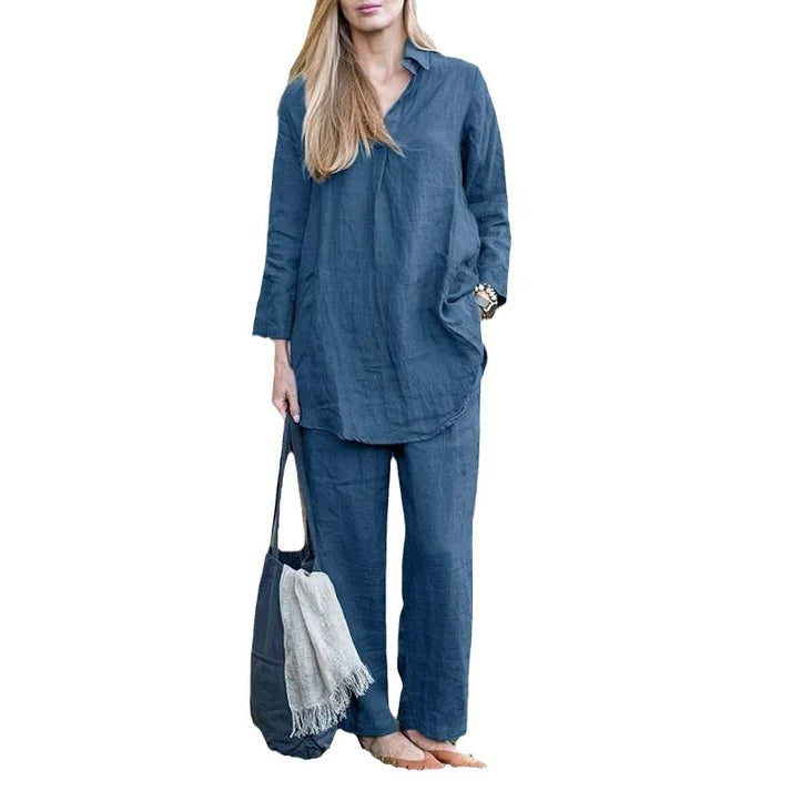 Loose Lapel Long Sleeve Shirt Wide Leg Pants Solid Colour Elegant Casual Suit