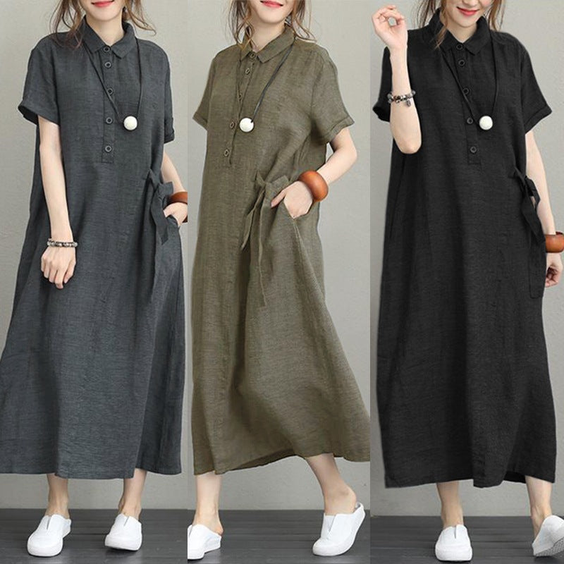 Cotton Linen Short Sleeve Loose Pocket Style Casual Dresses(25% off any 2 items)