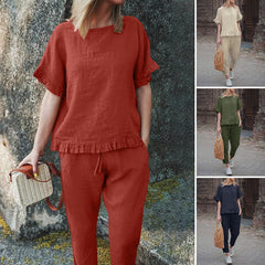 (Two for 25% off)Solid Color Vintage Loose Pants Set Cotton Linen Casual Long Sleeve