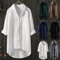 (25% off any two items)New casual solid color cotton and linen cardigan double pocket long sleeve shirt