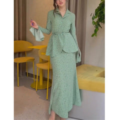 （25% off any two pieces）New fashionable small floral high-quality tunic long-sleeved tops and skirts two-piece set