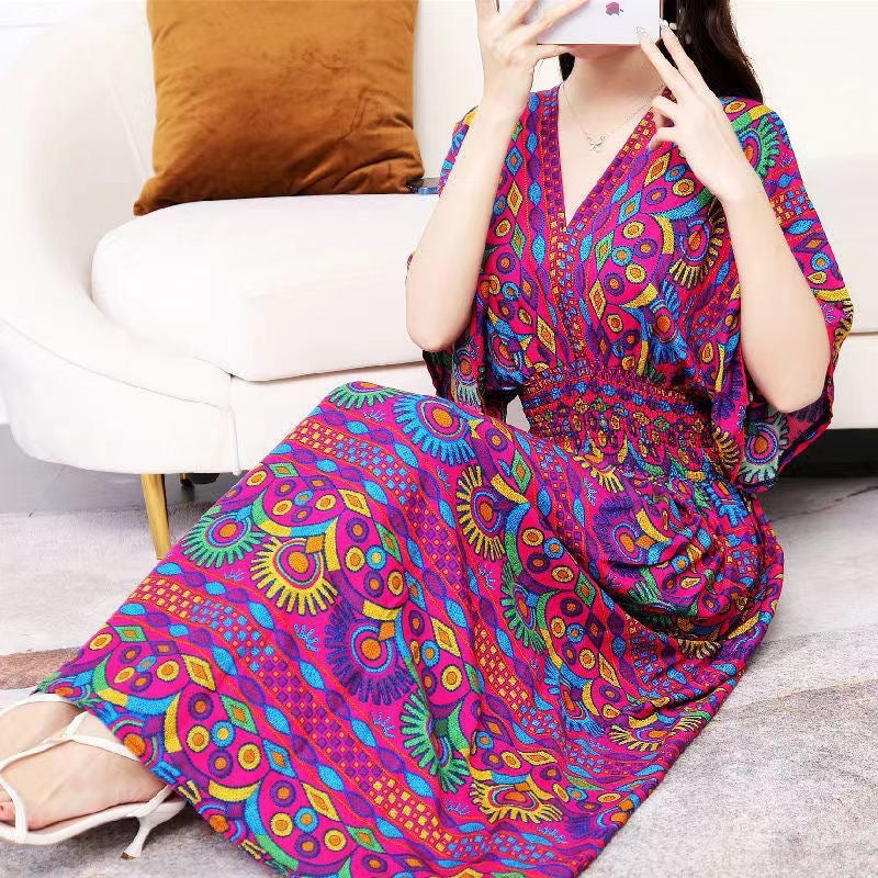 (25% Off Any 2 Pieces) Ethnic Style V-Neck Cotton Silk Short Sleeve Floral Skirt Dress