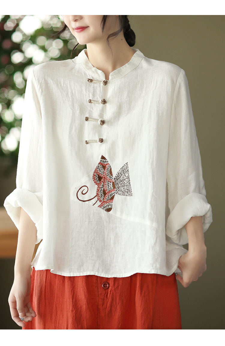 Plus Size Linen Cotton Embroidered Loose Top