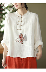 Plus Size Linen Cotton Embroidered Loose Top