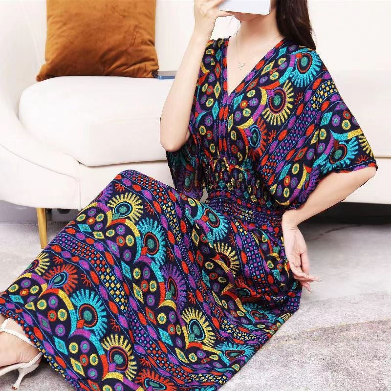 (25% Off Any 2 Pieces) Ethnic Style V-Neck Cotton Silk Short Sleeve Floral Skirt Dress