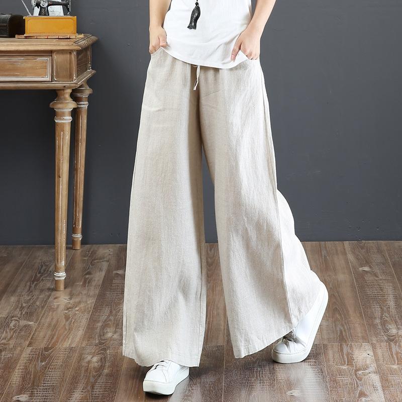 (25% off any two items) Cotton linen high-waisted loose plus size wide-legged pants straight pants