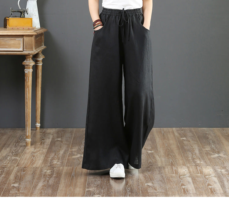 (25% off any two items) Cotton linen high-waisted loose plus size wide-legged pants straight pants