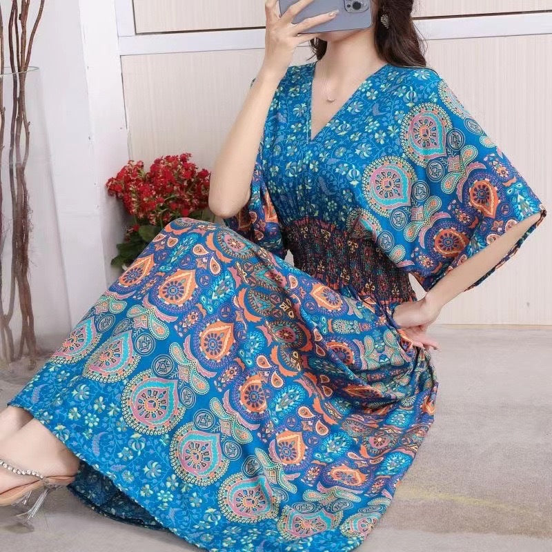 (25% Off Any 2 Pieces) Ethnic Style V-Neck Cotton Silk Short Sleeve Floral Skirt Dress