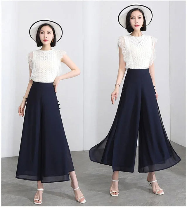 High waist drape chiffon wide-leg pants