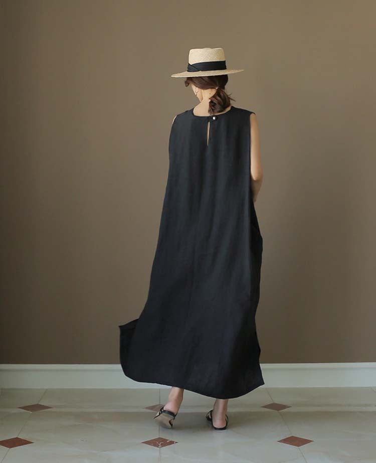 (25% off any two pieces) 2024 Summer Sleeveless Cotton Linen Linen Loose Vest Long Split Dresses