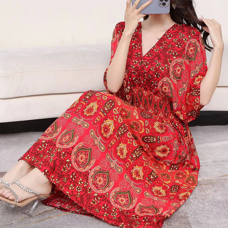 (25% Off Any 2 Pieces) Ethnic Style V-Neck Cotton Silk Short Sleeve Floral Skirt Dress