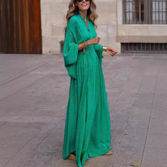 Long Sleeve Loose V-Neck Waisted Swing Dress Women
