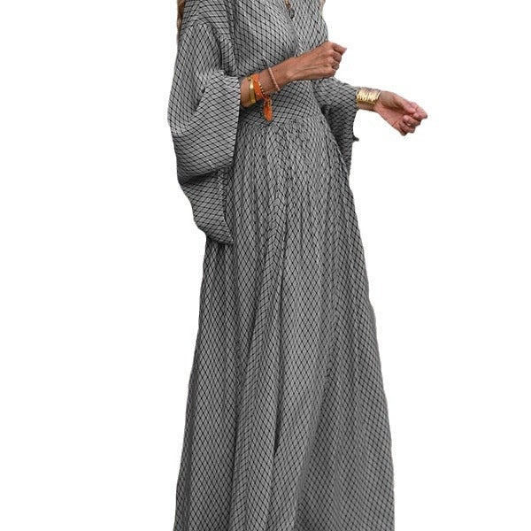 Long Sleeve Loose V-Neck Waisted Swing Dress Women
