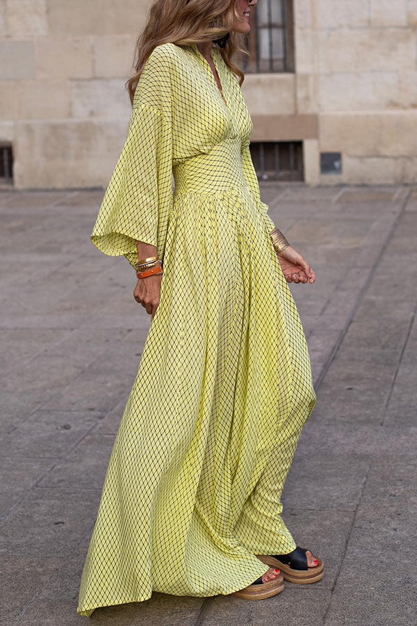 Long Sleeve Loose V-Neck Waisted Swing Dress Women