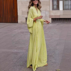 Long Sleeve Loose V-Neck Waisted Swing Dress Women