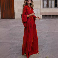 Long Sleeve Loose V-Neck Waisted Swing Dress Women