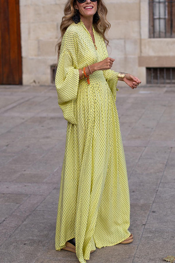 Long Sleeve Loose V-Neck Waisted Swing Dress Women
