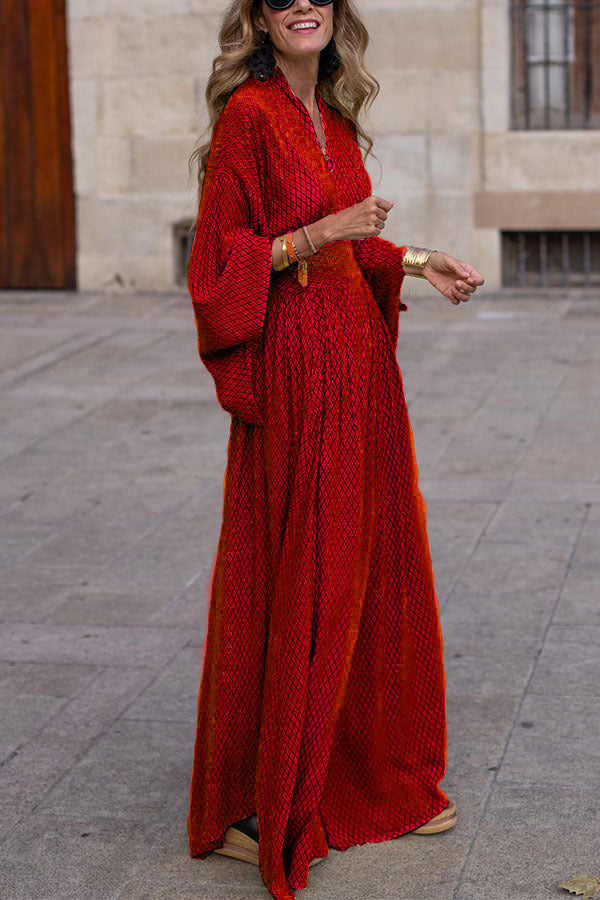 Long Sleeve Loose V-Neck Waisted Swing Dress Women