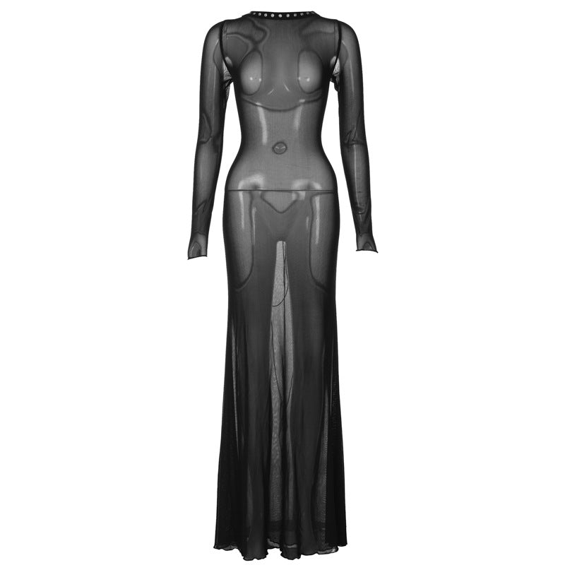 Fashion New Women's Sexy Mesh Backless Strappy Long Sleeve Extra Long Dresses