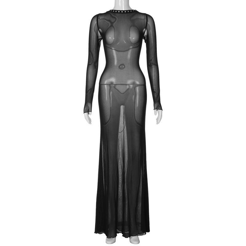Fashion New Women's Sexy Mesh Backless Strappy Long Sleeve Extra Long Dresses