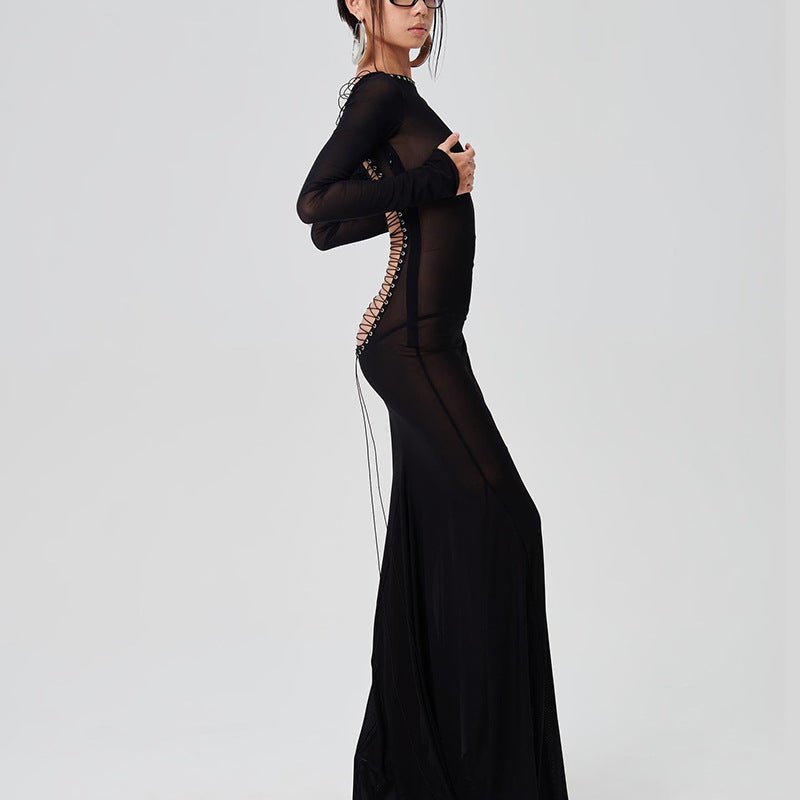Fashion New Women's Sexy Mesh Backless Strappy Long Sleeve Extra Long Dresses