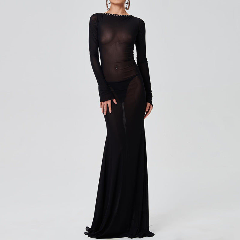 Fashion New Women's Sexy Mesh Backless Strappy Long Sleeve Extra Long Dresses