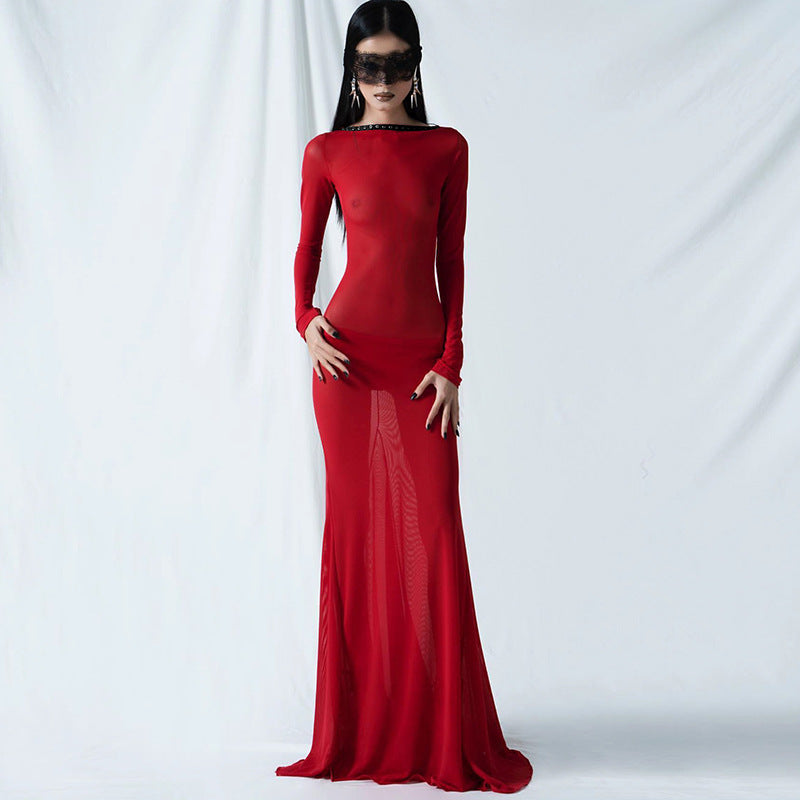Fashion New Women's Sexy Mesh Backless Strappy Long Sleeve Extra Long Dresses