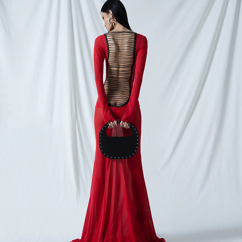 Fashion New Women's Sexy Mesh Backless Strappy Long Sleeve Extra Long Dresses