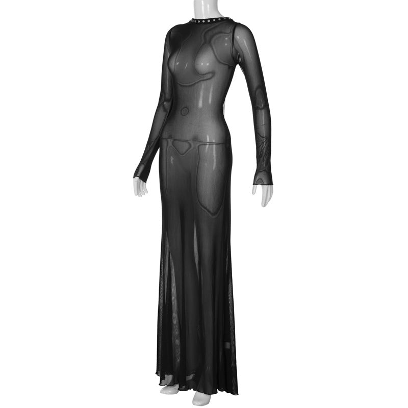 Fashion New Women's Sexy Mesh Backless Strappy Long Sleeve Extra Long Dresses