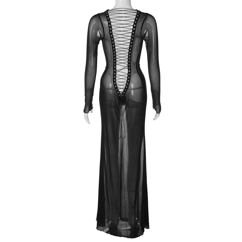 Fashion New Women's Sexy Mesh Backless Strappy Long Sleeve Extra Long Dresses