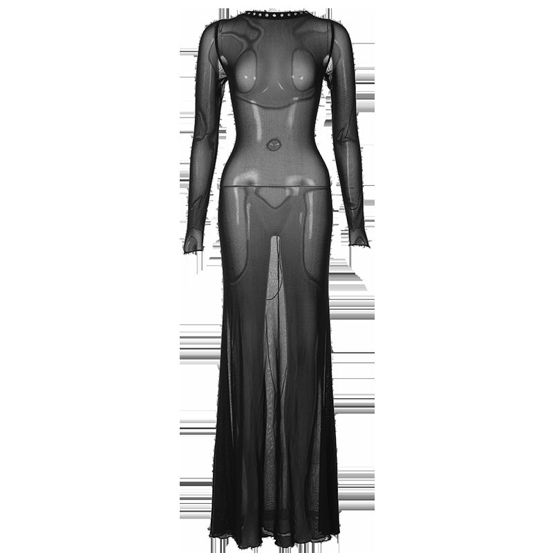 Fashion New Women's Sexy Mesh Backless Strappy Long Sleeve Extra Long Dresses