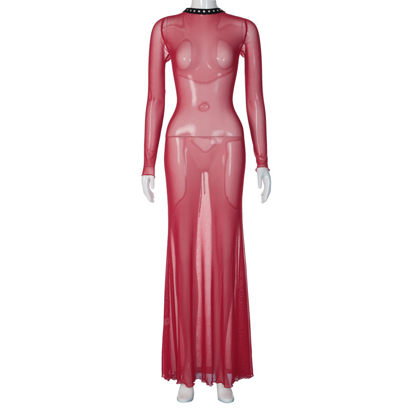 Fashion New Women's Sexy Mesh Backless Strappy Long Sleeve Extra Long Dresses