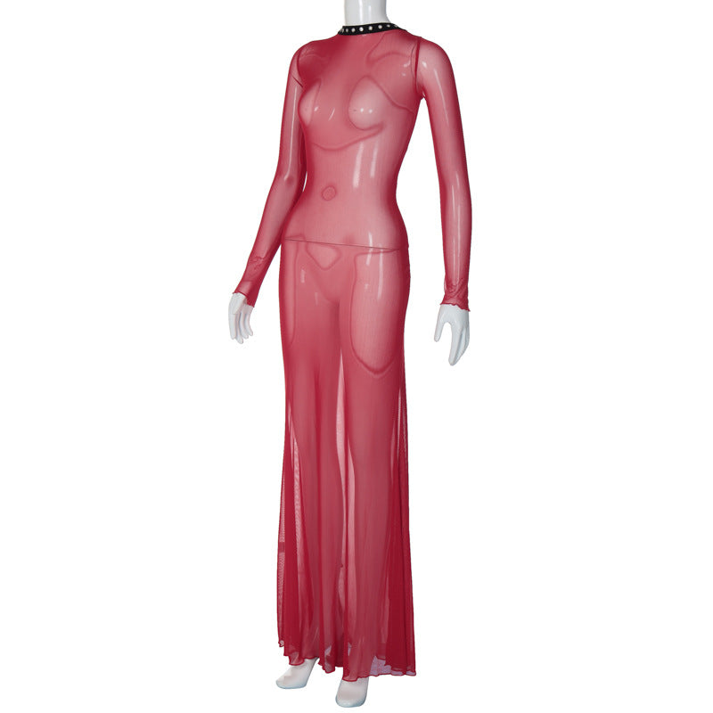 Fashion New Women's Sexy Mesh Backless Strappy Long Sleeve Extra Long Dresses