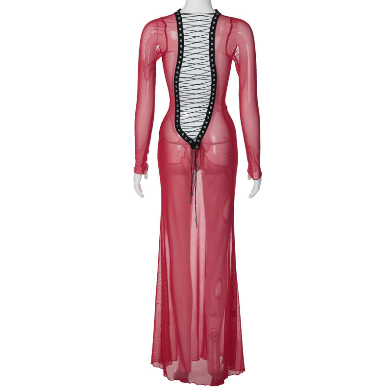 Fashion New Women's Sexy Mesh Backless Strappy Long Sleeve Extra Long Dresses