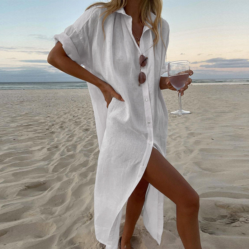 Beauty dress ins style solid color casual long sleeve mid-length cotton linen shirt dresses