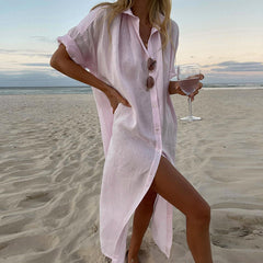 Beauty dress ins style solid color casual long sleeve mid-length cotton linen shirt dresses