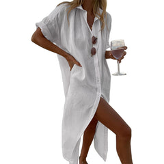 Beauty dress ins style solid color casual long sleeve mid-length cotton linen shirt dresses
