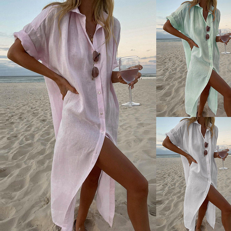 Beauty dress ins style solid color casual long sleeve mid-length cotton linen shirt dresses
