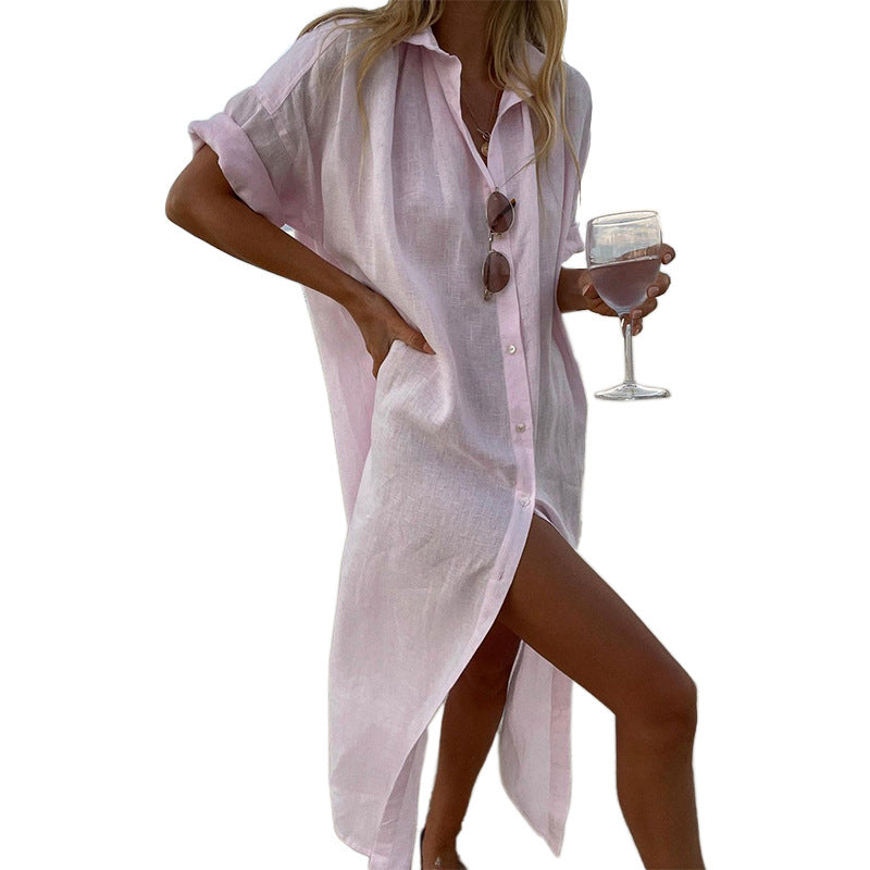 Beauty dress ins style solid color casual long sleeve mid-length cotton linen shirt dresses