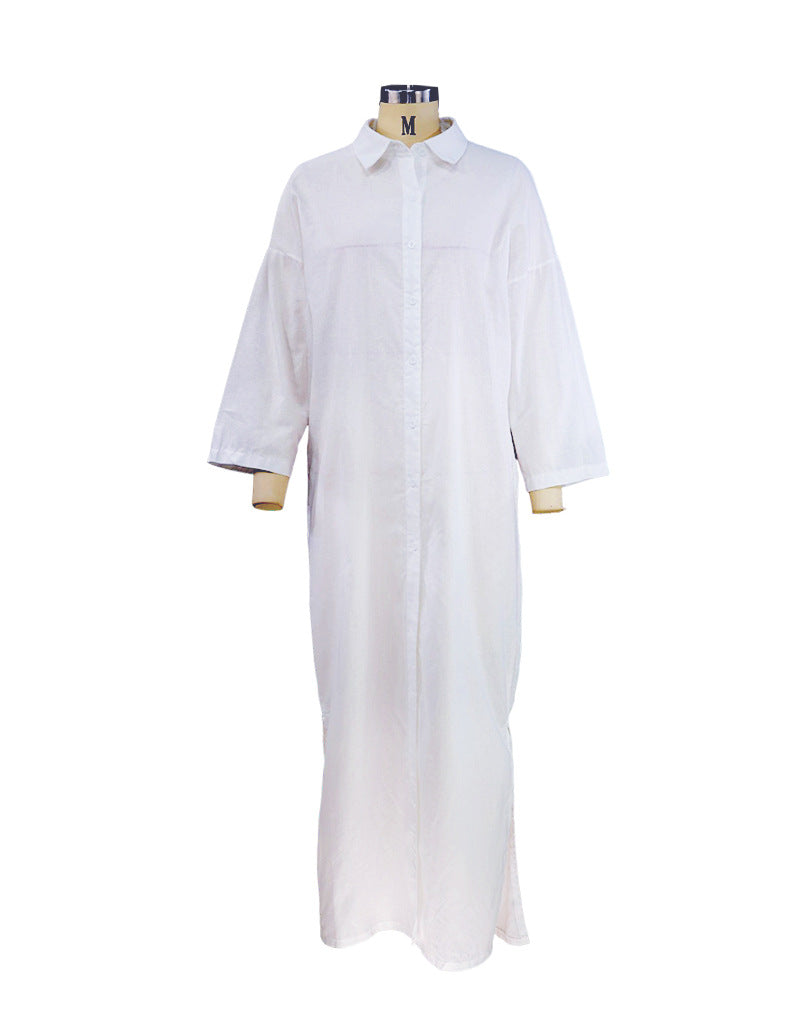 Beauty dress ins style solid color casual long sleeve mid-length cotton linen shirt dresses