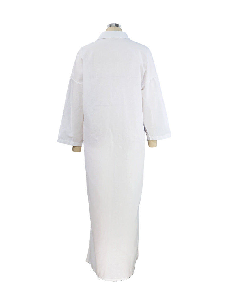 Beauty dress ins style solid color casual long sleeve mid-length cotton linen shirt dresses