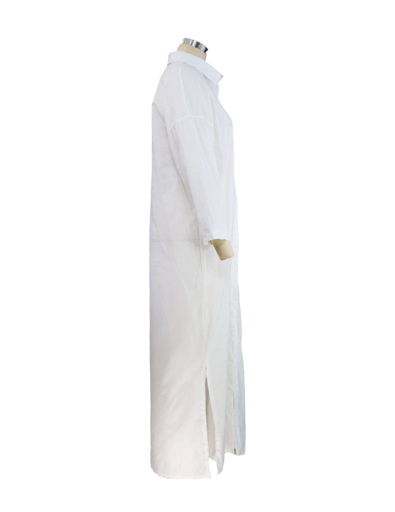 Beauty dress ins style solid color casual long sleeve mid-length cotton linen shirt dresses