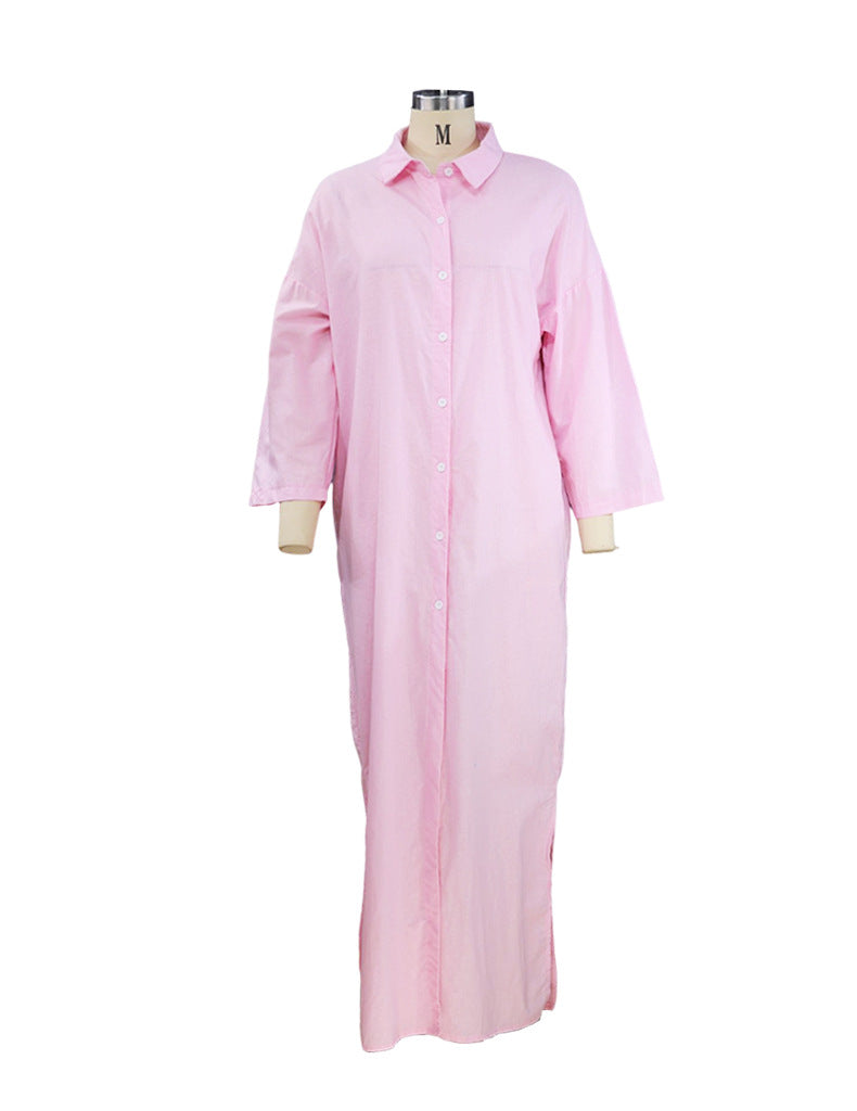 Beauty dress ins style solid color casual long sleeve mid-length cotton linen shirt dresses