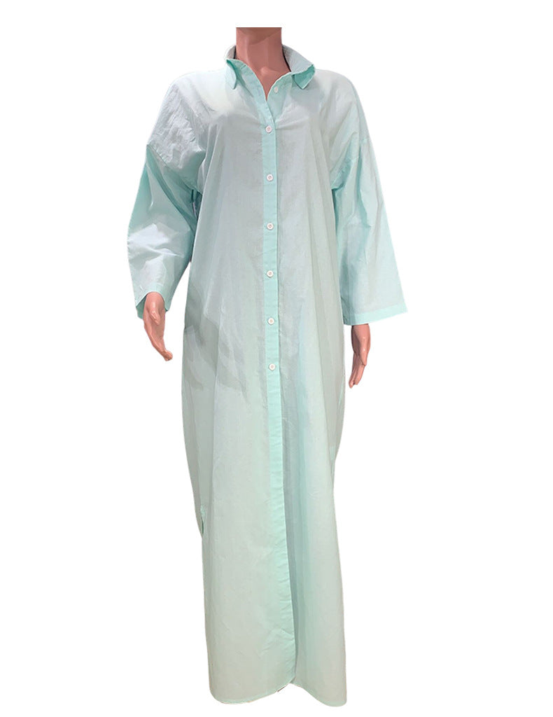 Beauty dress ins style solid color casual long sleeve mid-length cotton linen shirt dresses