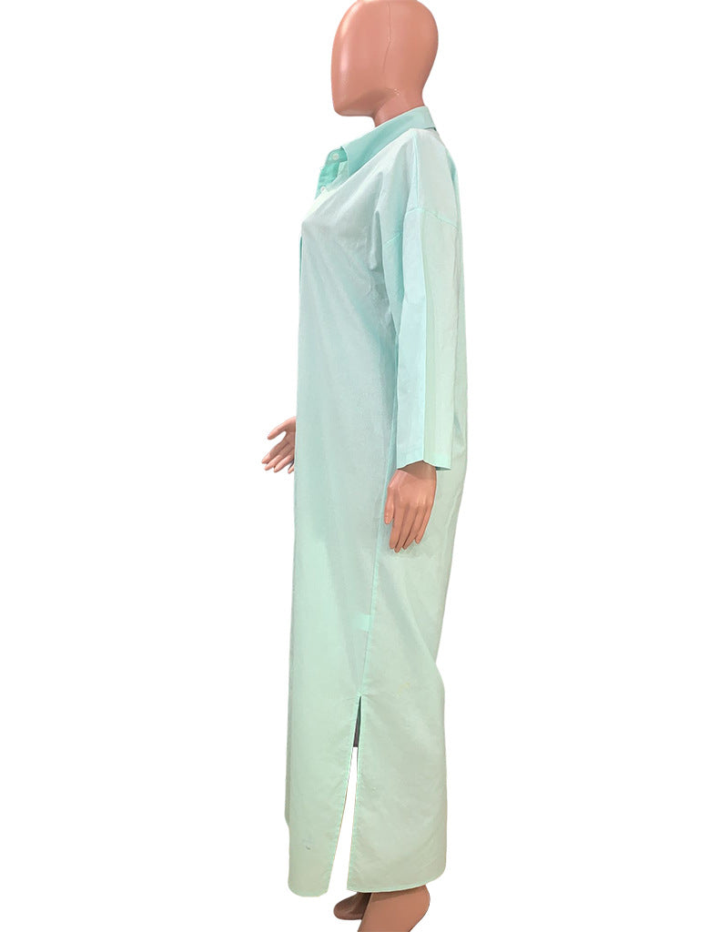 Beauty dress ins style solid color casual long sleeve mid-length cotton linen shirt dresses