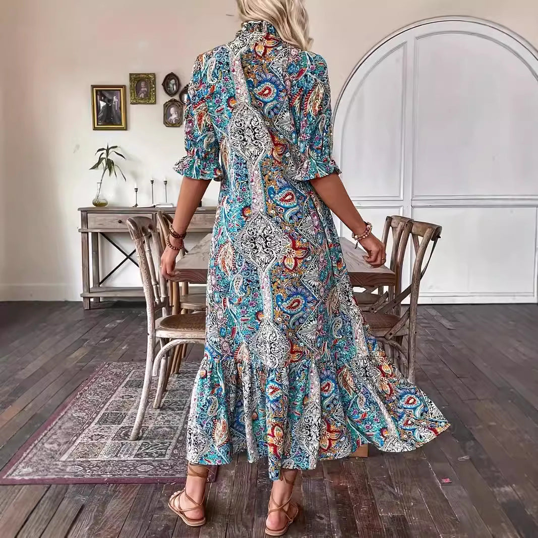 Printed Lace-Up Mid-Sleeve Ruffle Dress