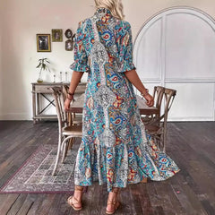 Printed Lace-Up Mid-Sleeve Ruffle Dress