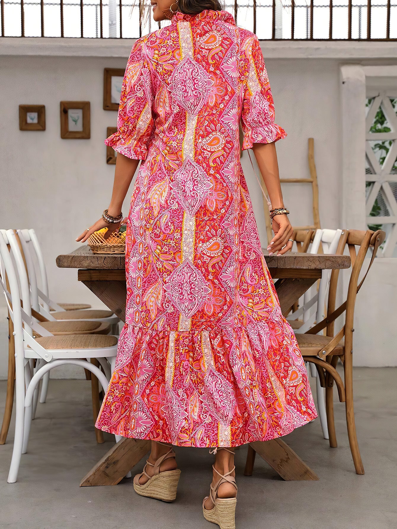 Printed Lace-Up Mid-Sleeve Ruffle Dress