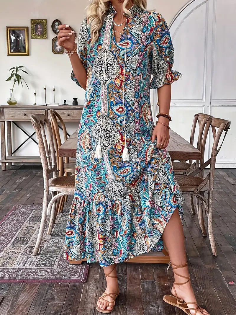 Printed Lace-Up Mid-Sleeve Ruffle Dress